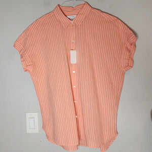 NWT Pure Navy Linen Cotton Orange Stripe Short Sleeve Button Shirt Size Large